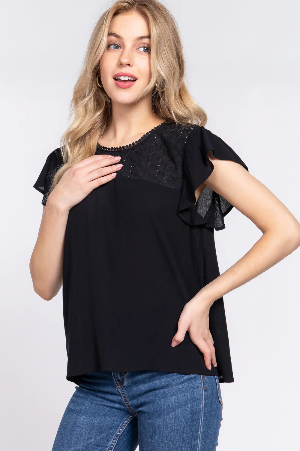 ACTIVE BASIC Ruffle Short Sleeve Crochet Blouse - Image 3
