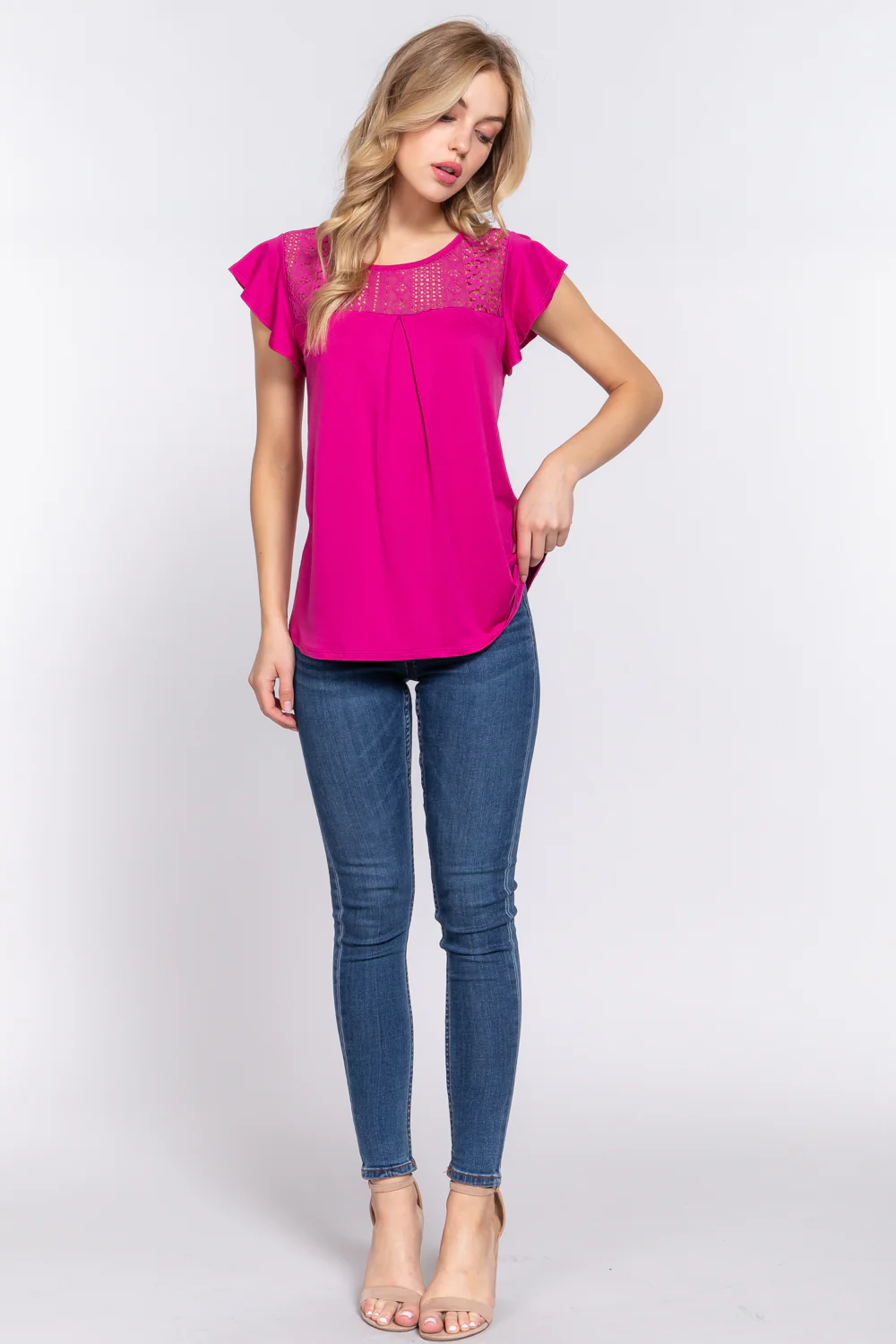 ACTIVE BASIC Ruffle Short Sleeve Lace Detail Knit Top - Image 4