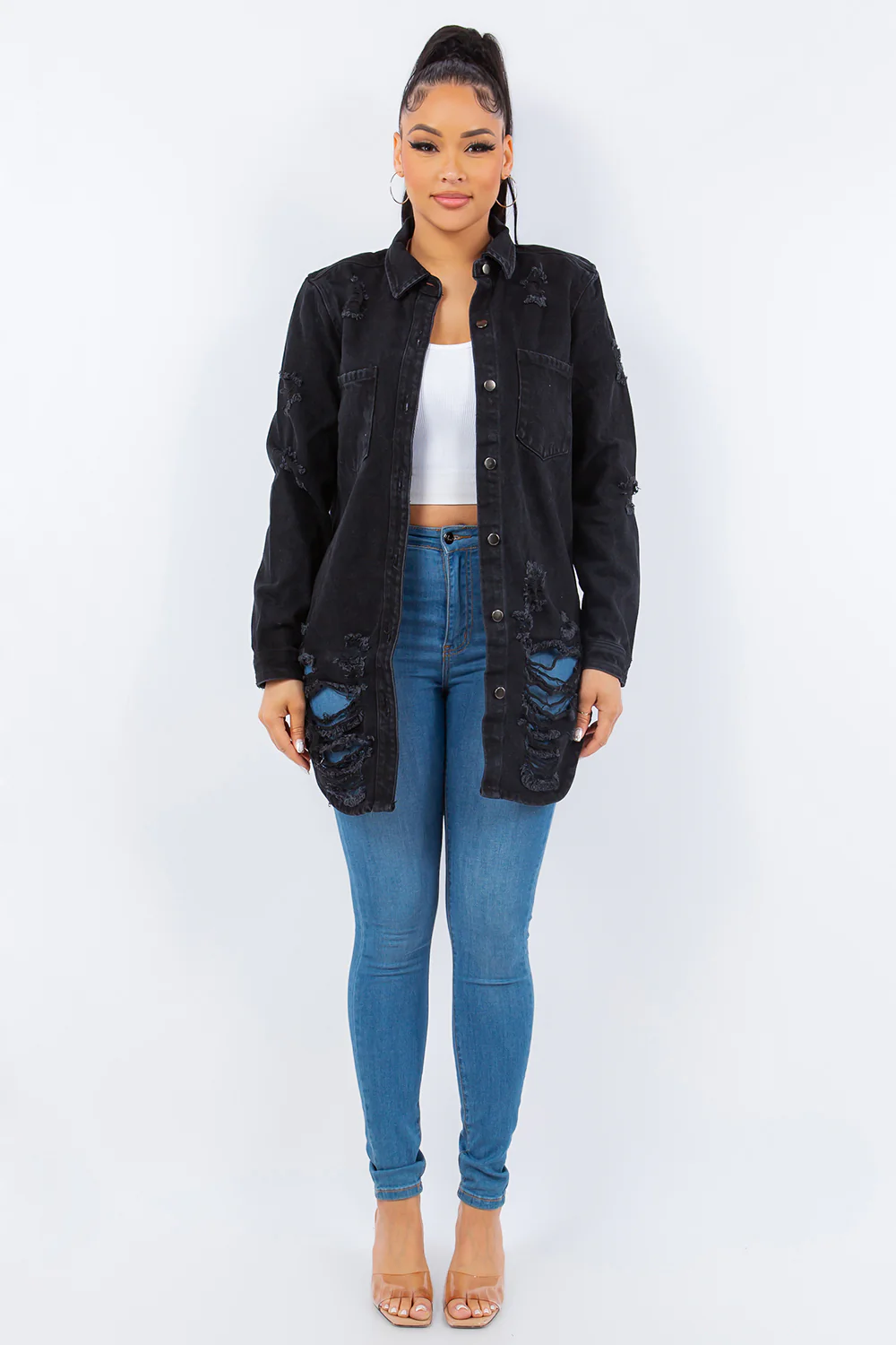 American Bazi Distressed Button Up Long Sleeve Denim Jacket - Image 4