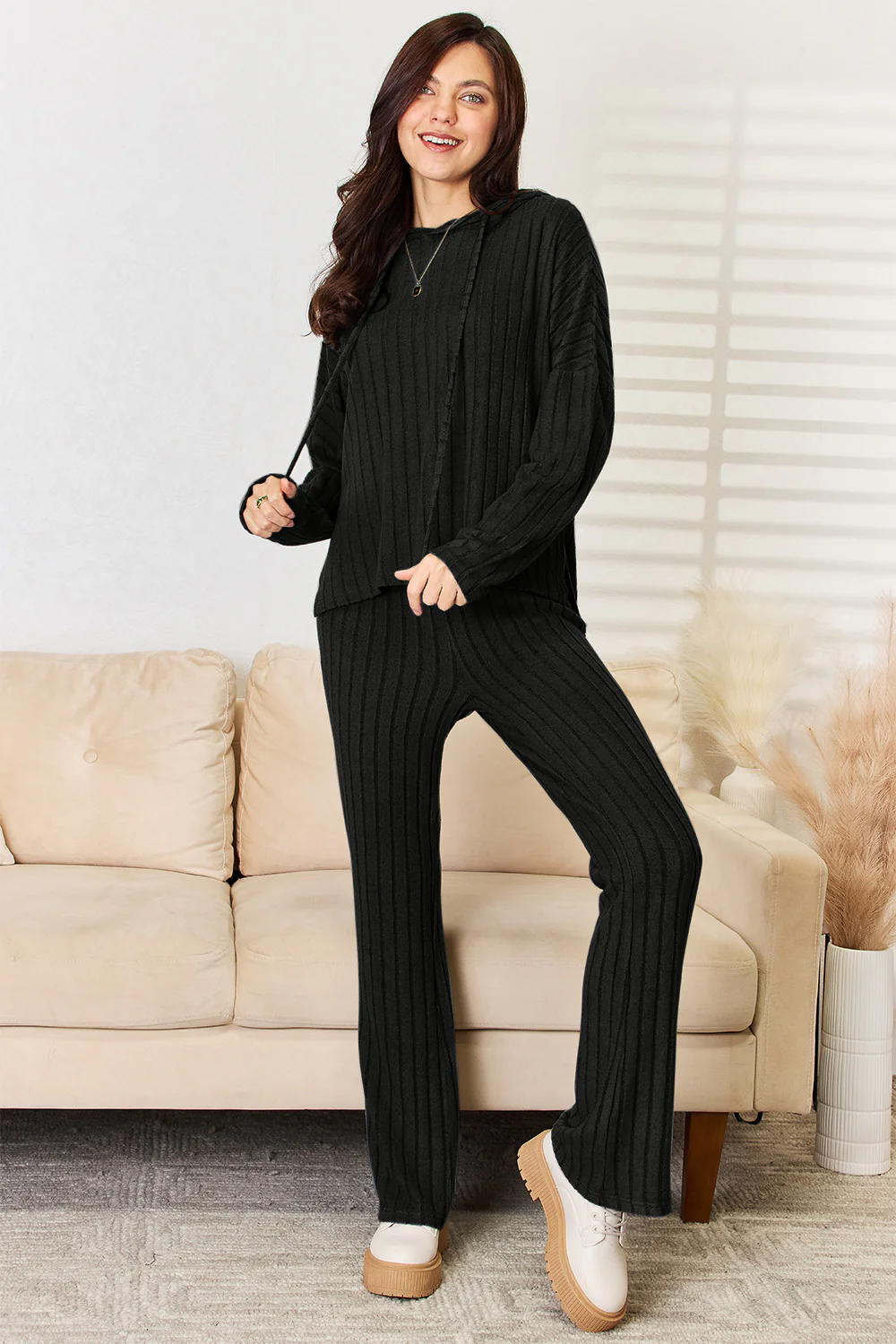 Basic Bae Full Size Ribbed Drawstring Hooded Top and Straight Pants Set - Image 5