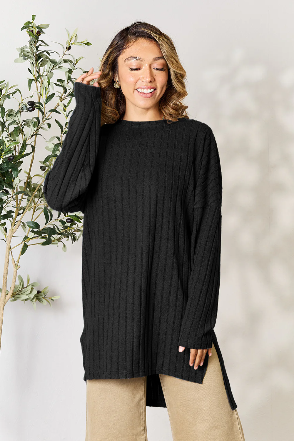Basic Bae Full Size Ribbed Round Neck Long Sleeve Slit Top - Image 26