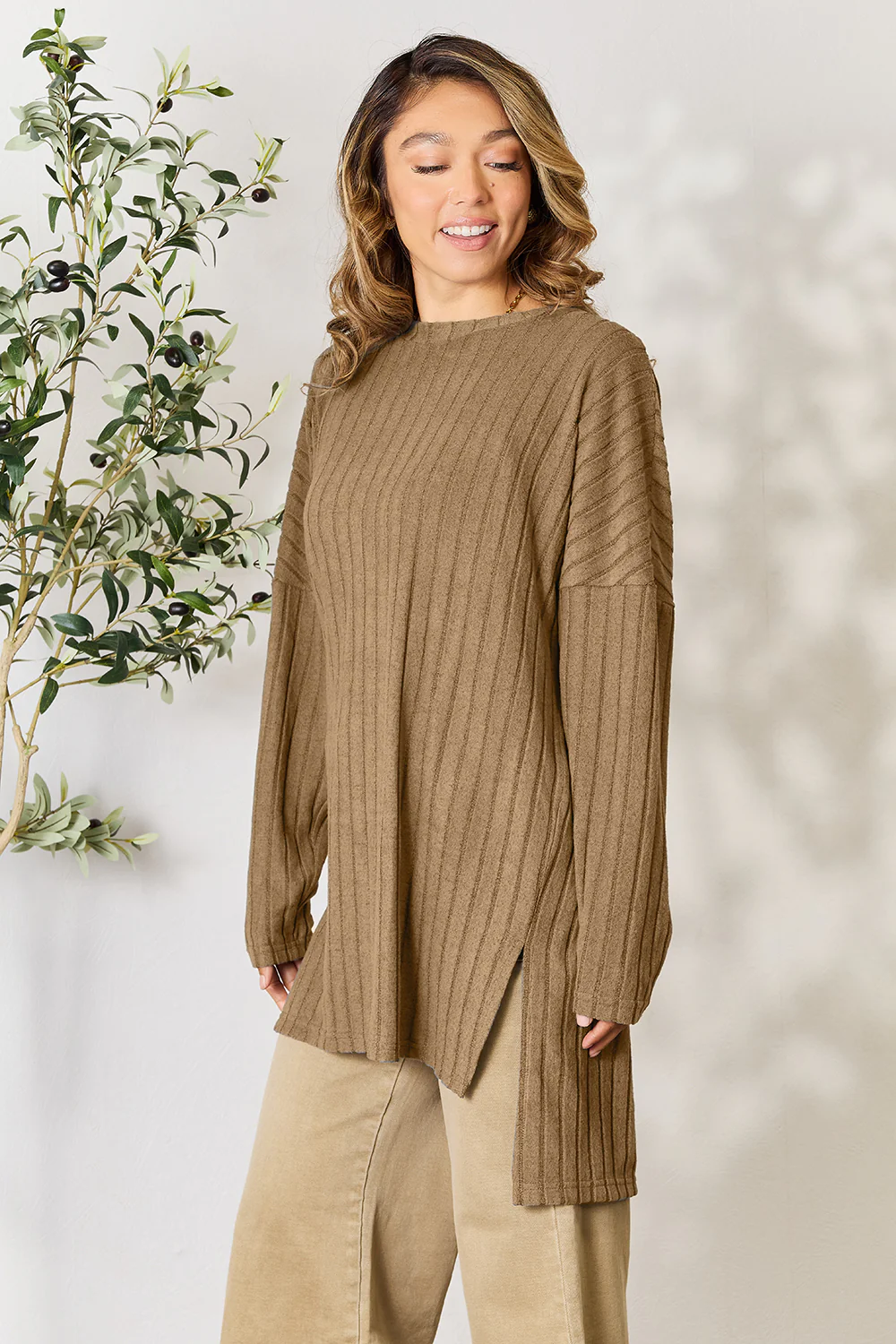 Basic Bae Full Size Ribbed Round Neck Long Sleeve Slit Top - Image 3