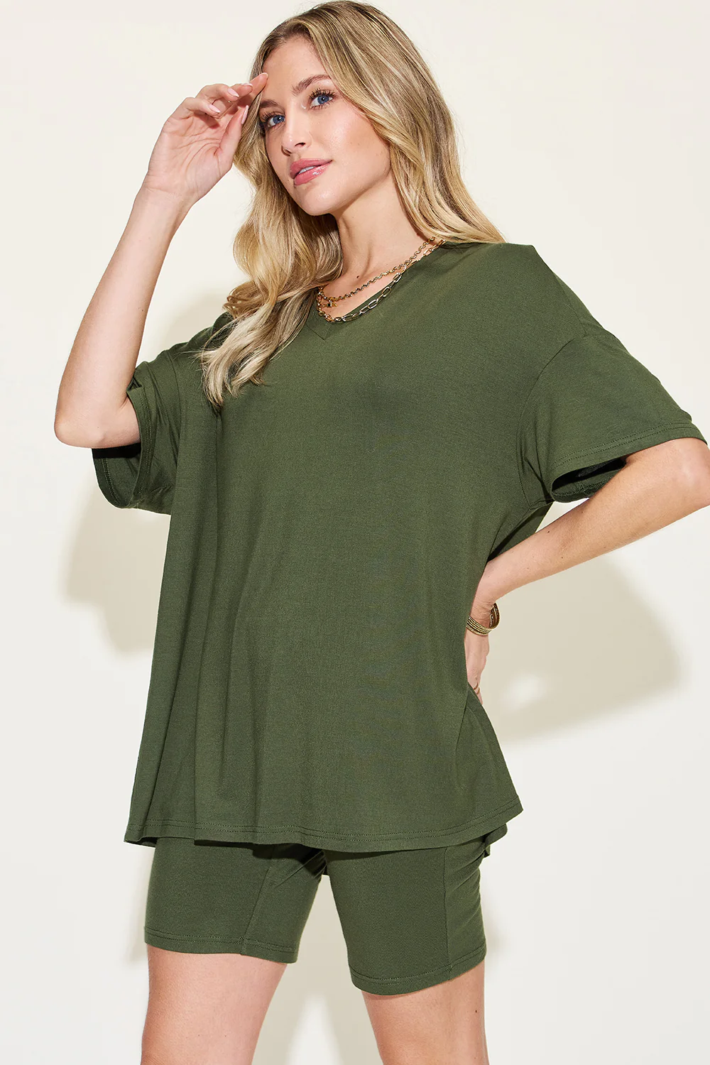Basic Bae Full Size V-Neck Drop Shoulder T-Shirt and Shorts Set - Image 22
