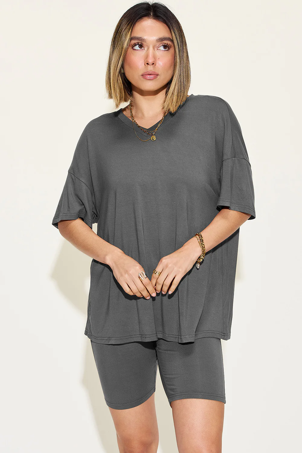 Basic Bae Full Size V-Neck Drop Shoulder T-Shirt and Shorts Set - Image 27