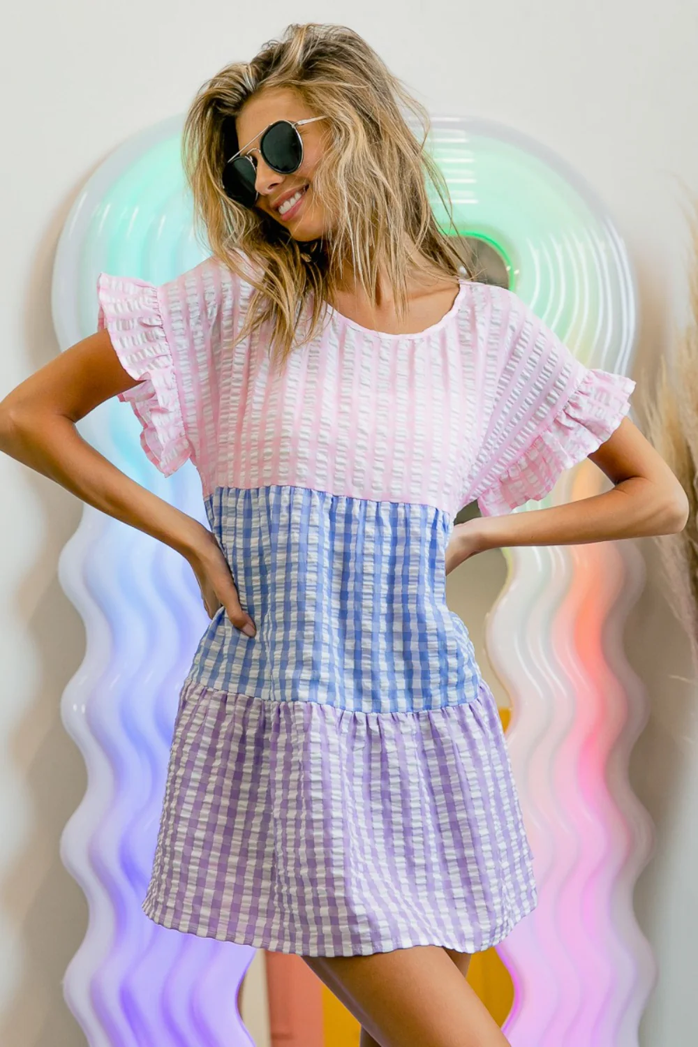 BiBi Plaid Color Block Tiered Top - Image 3