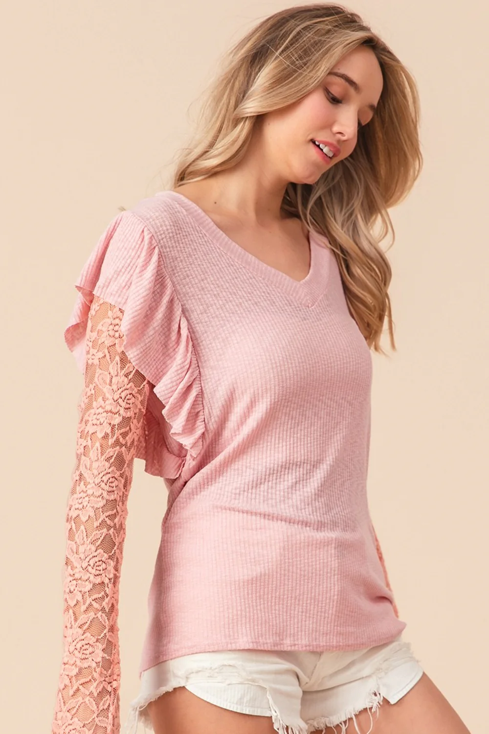 BiBi Ruffled Lace Sleeve Rib Knit Top - Image 3