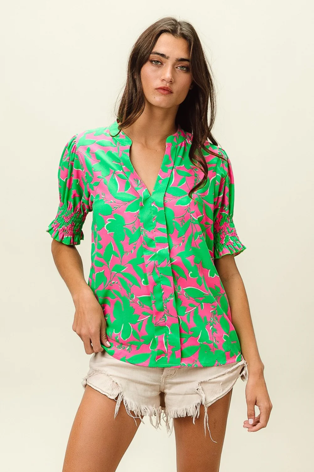 BiBi Smocked Cuff Floral Contrast Top - Image 3