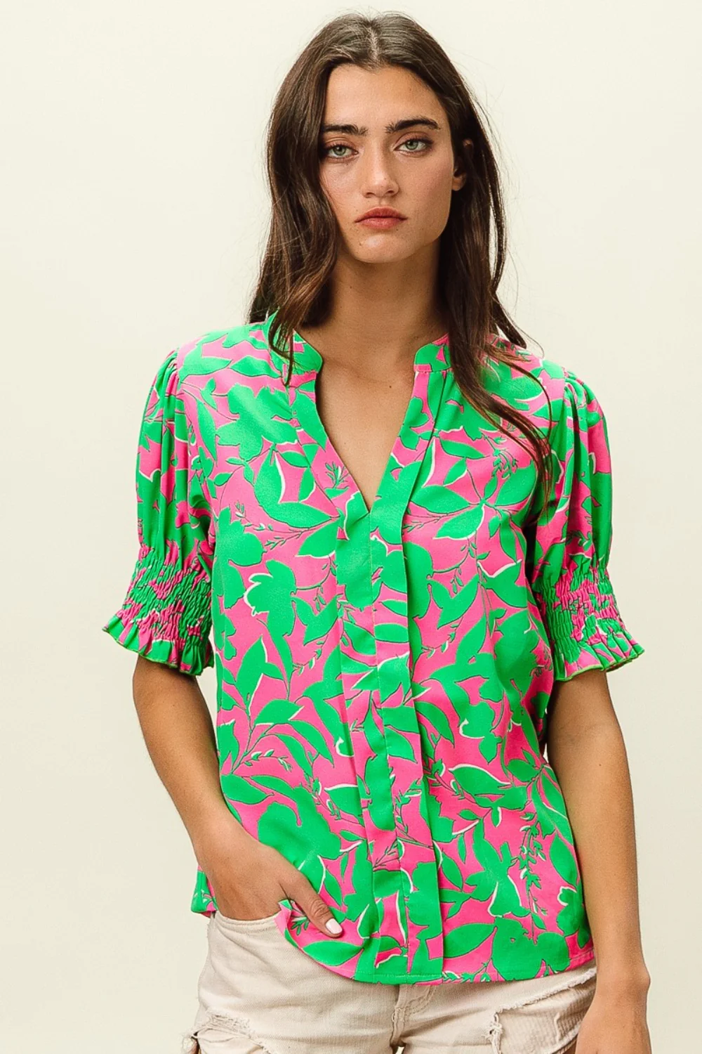 BiBi Smocked Cuff Floral Contrast Top - Image 4