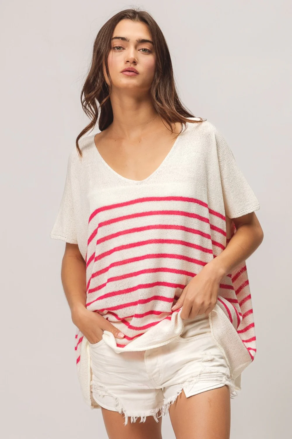 BiBi V Neck Striped Short Sleeve Top - Image 4
