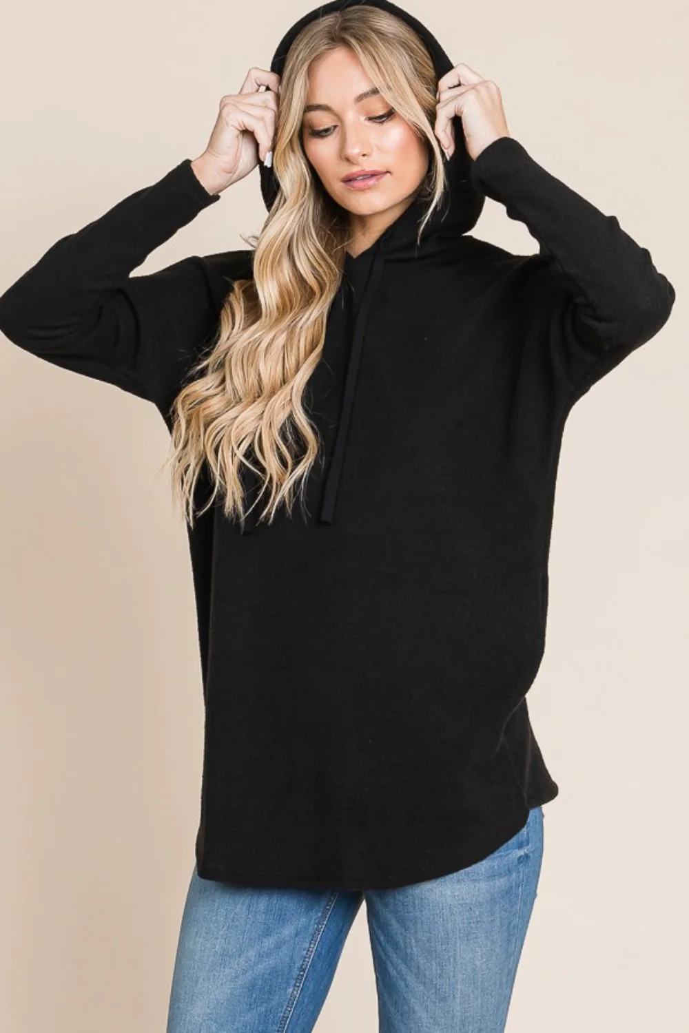 BOMBOM Contrast Drawstring Drop Shoulder Knit Hoodie - Image 3