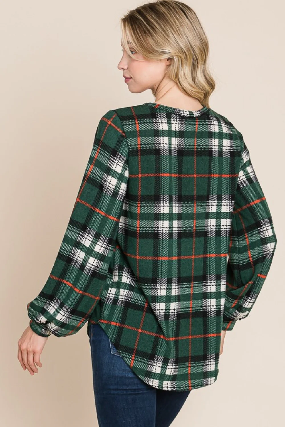 BOMBOM Curved Hem Plaid Round Neck Long Sleeve Top - Image 3