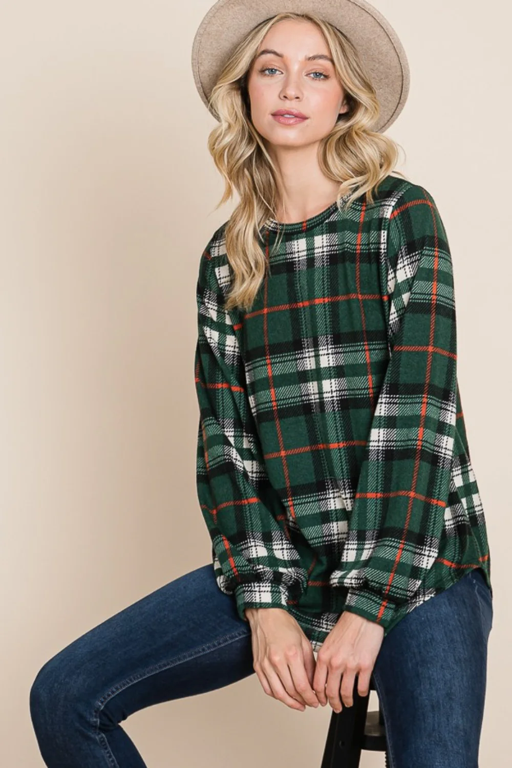 BOMBOM Curved Hem Plaid Round Neck Long Sleeve Top - Image 4