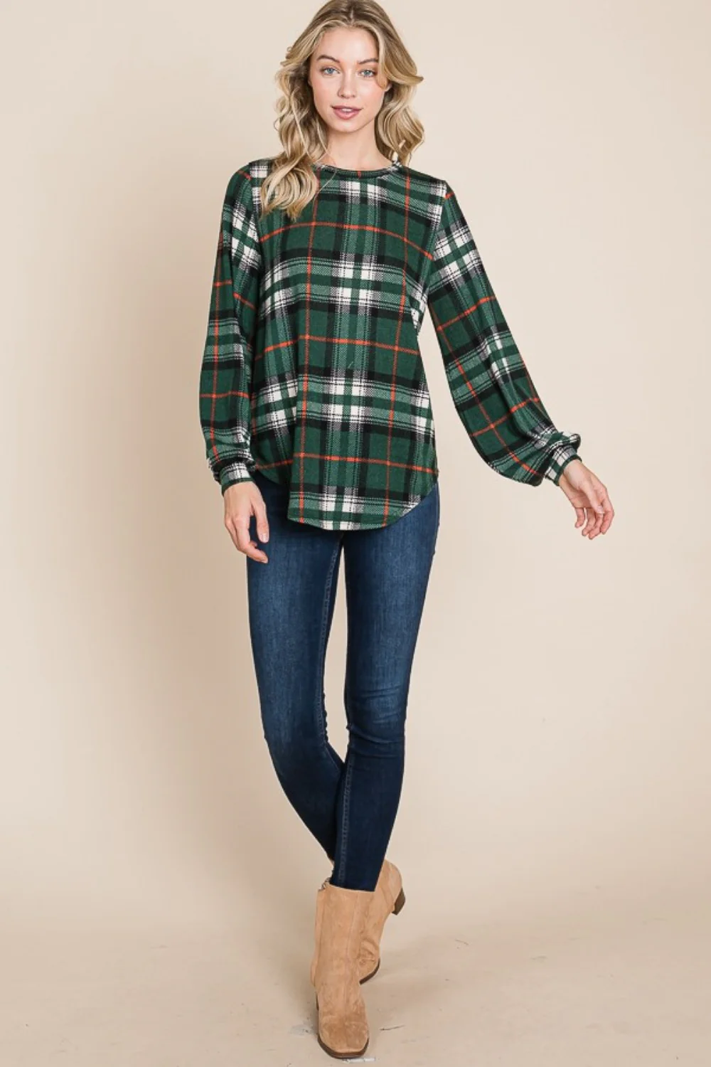 BOMBOM Curved Hem Plaid Round Neck Long Sleeve Top - Image 5