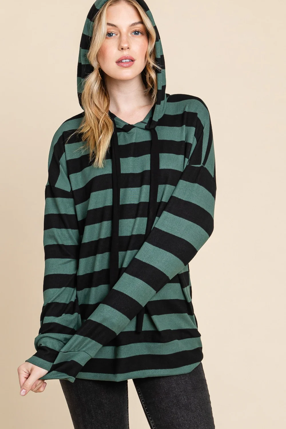 BOMBOM Drawstring Striped Dropped Shoulder Hoodie - Image 3