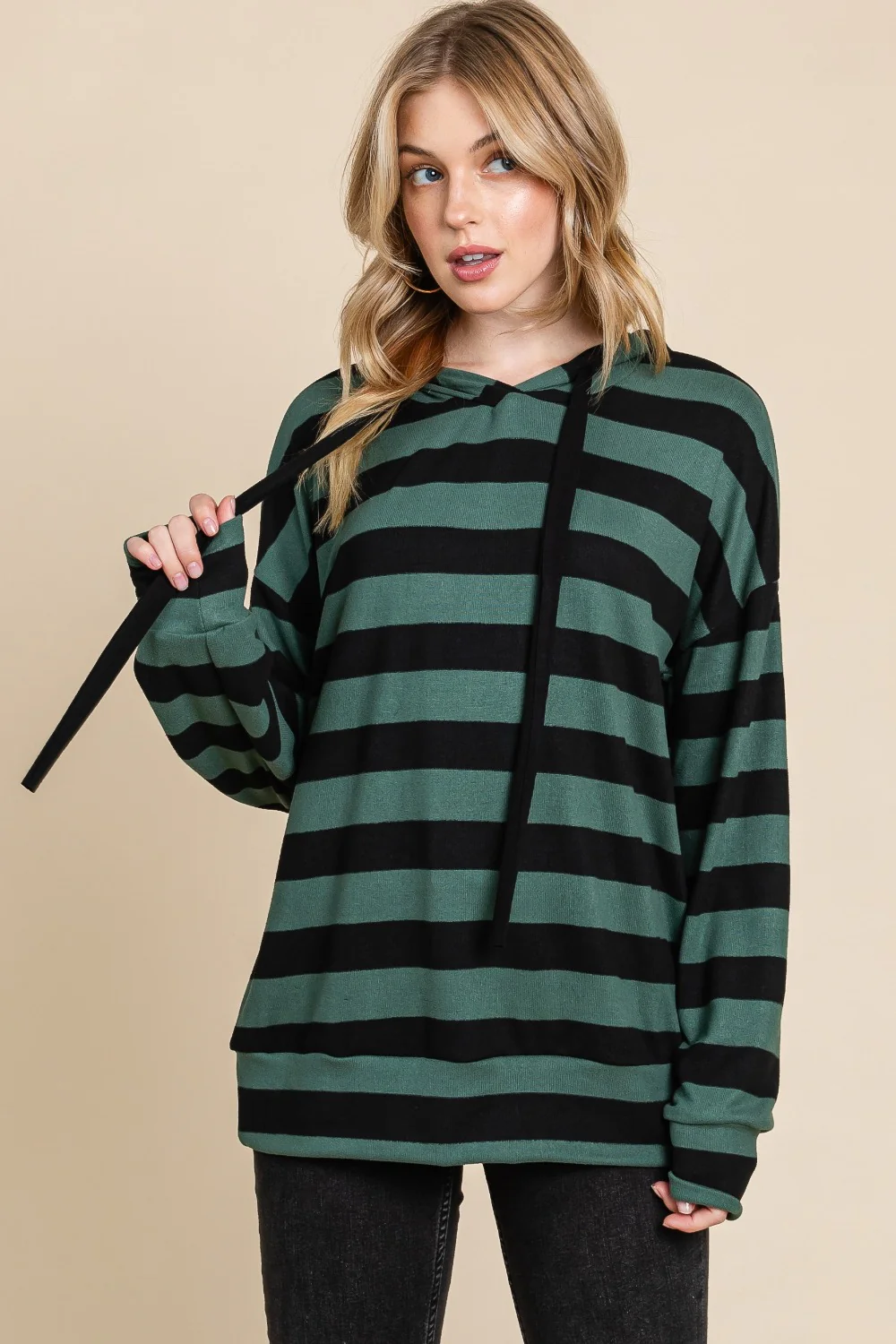 BOMBOM Drawstring Striped Dropped Shoulder Hoodie - Image 4