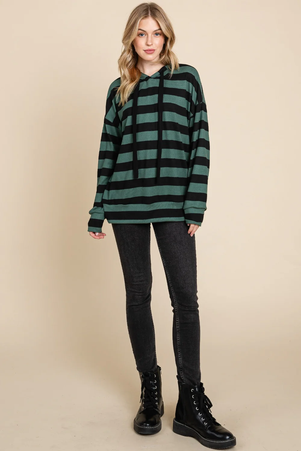 BOMBOM Drawstring Striped Dropped Shoulder Hoodie - Image 5
