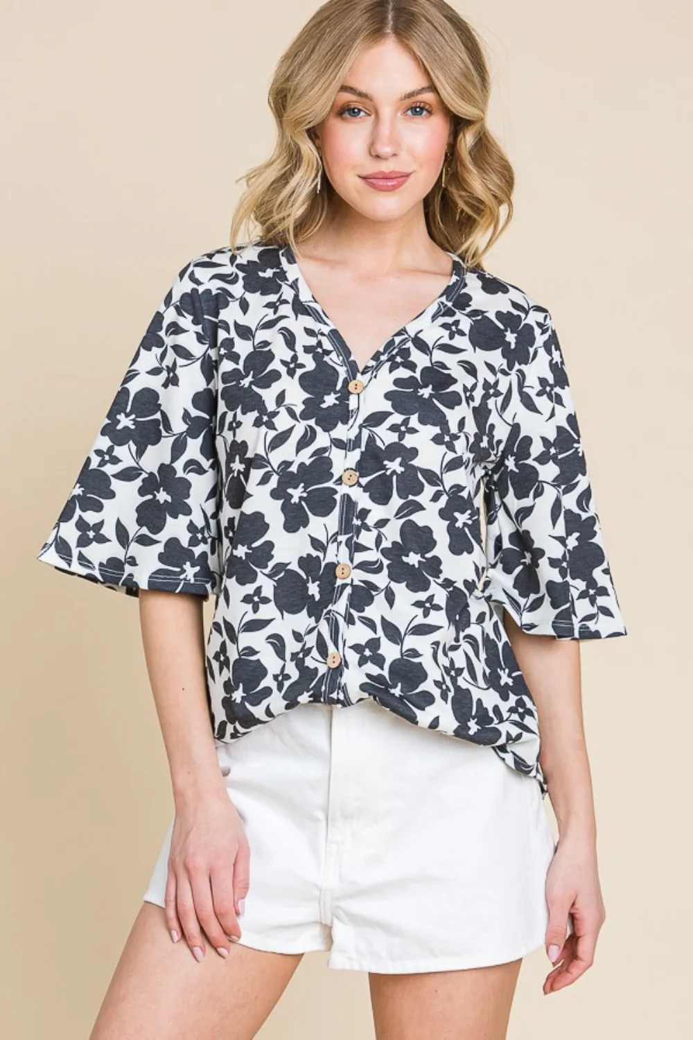 BOMBOM Floral Decorative Button V-Neck Top - Image 4