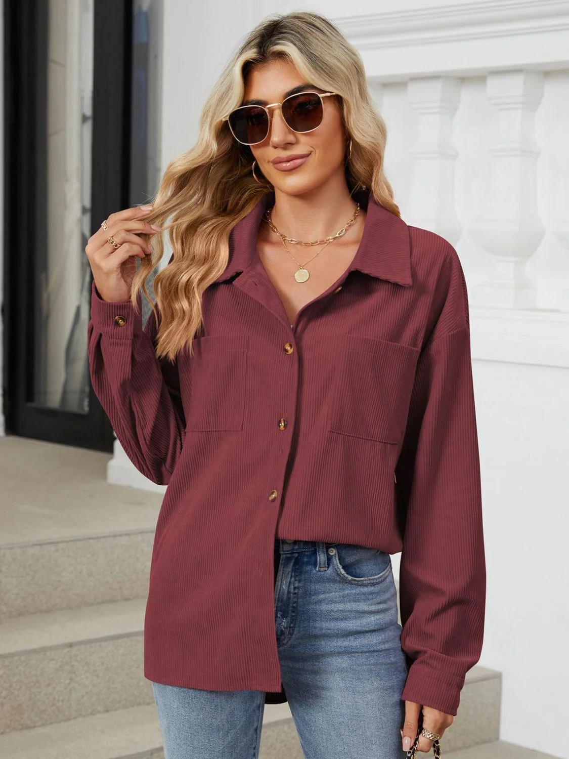 Button Up Long Sleeve Shirt with Breast Pockets - Image 17