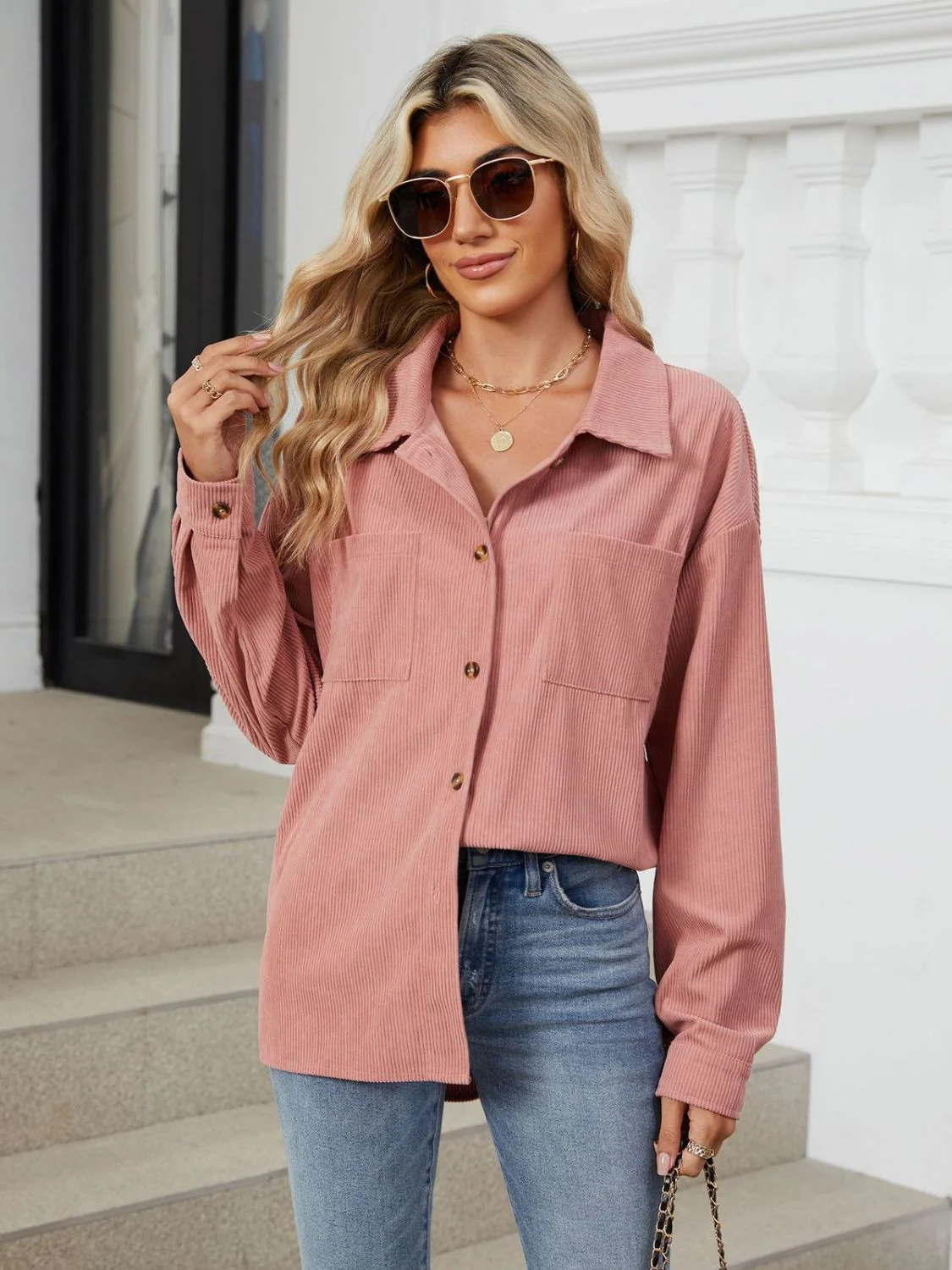 Button Up Long Sleeve Shirt with Breast Pockets - Image 3