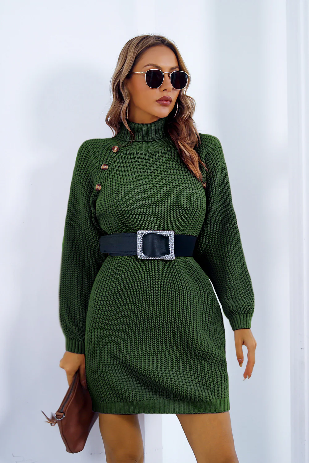 Buttoned Turtleneck Long Sleeve Sweater Dress - Image 3