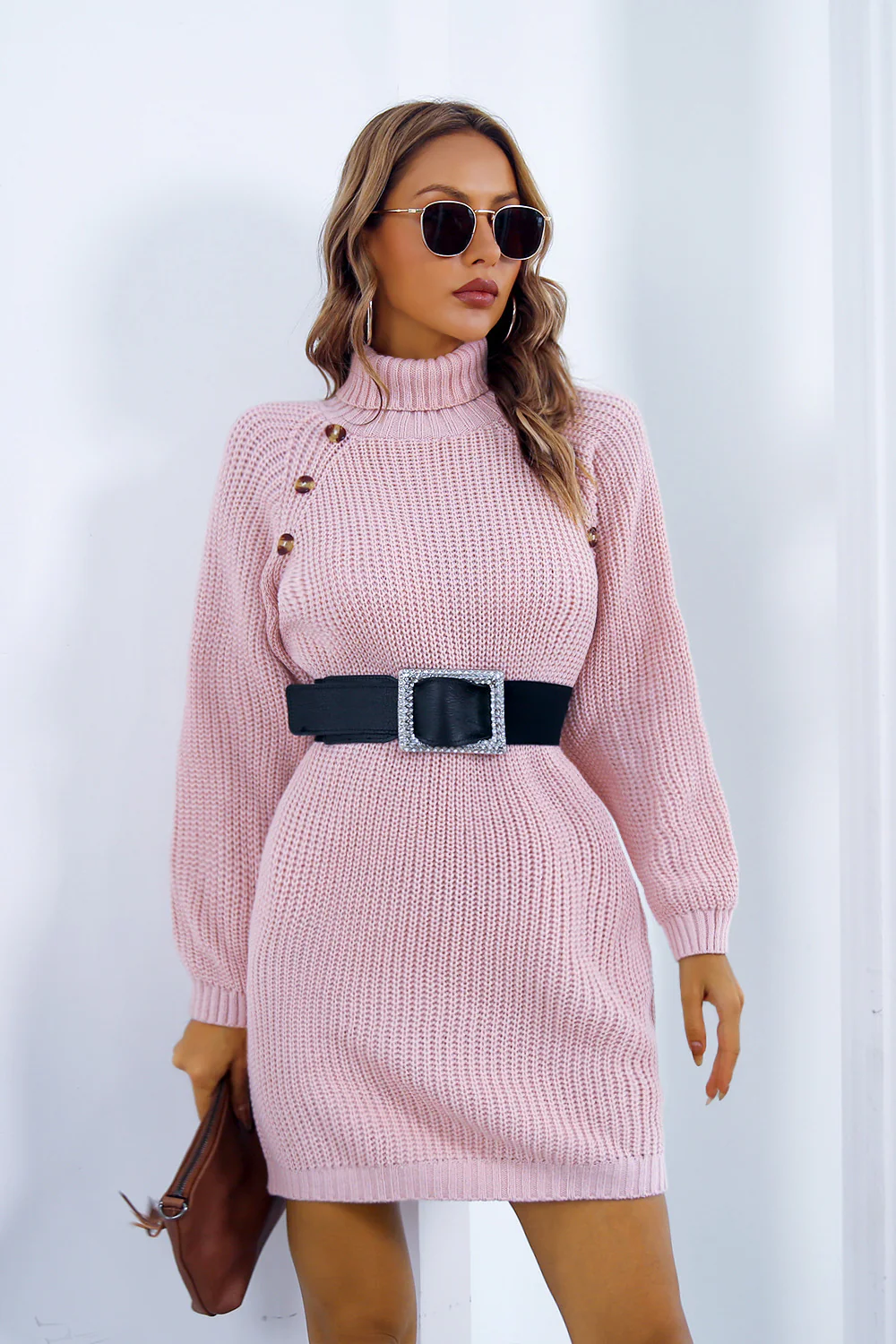 Buttoned Turtleneck Long Sleeve Sweater Dress - Image 9