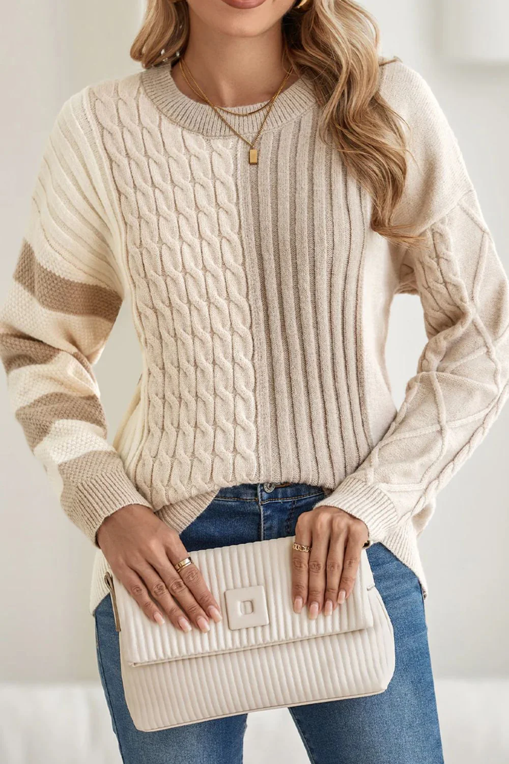 Cable-Knit Color Block Round Neck Sweater - Image 4