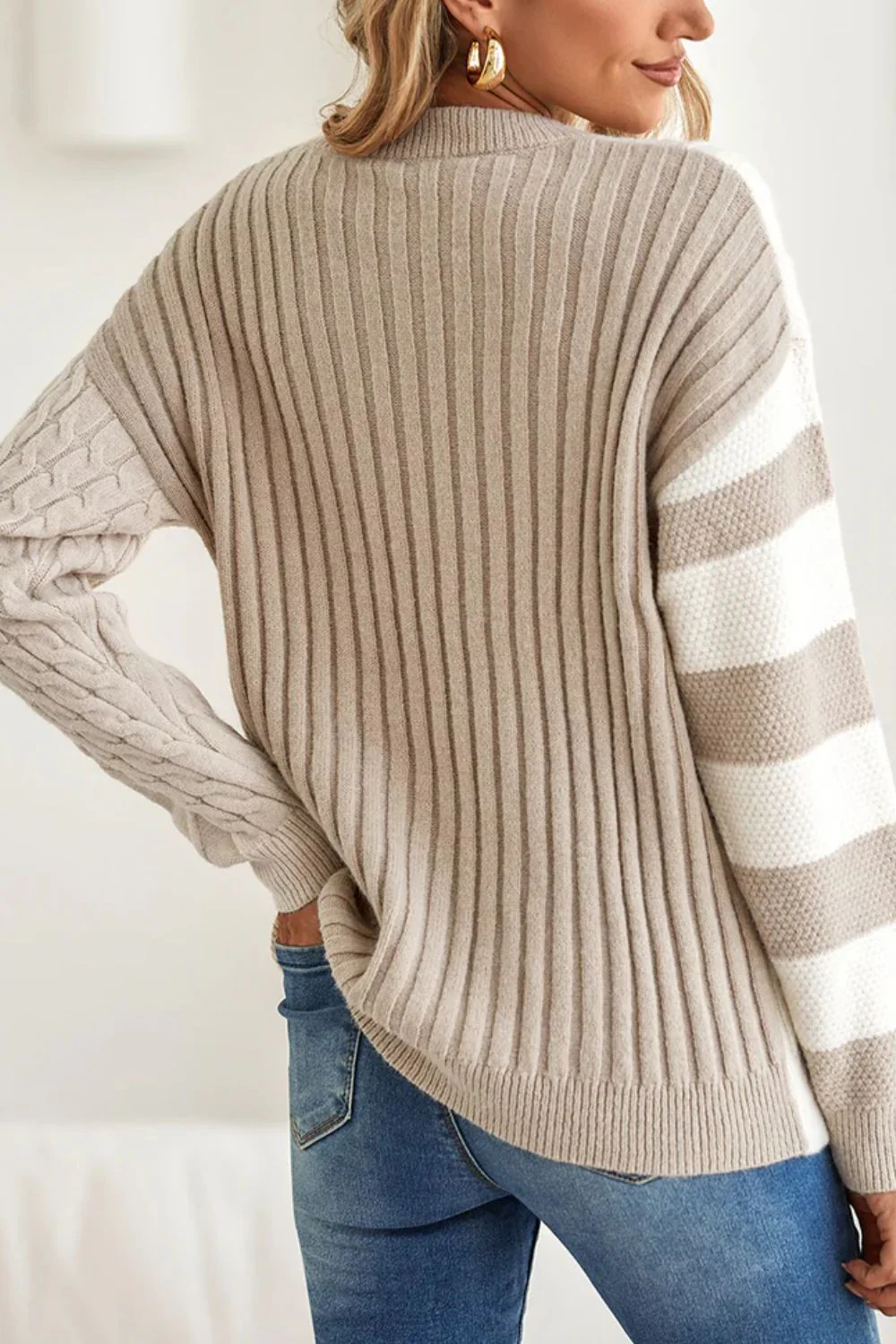 Cable-Knit Color Block Round Neck Sweater - Image 5