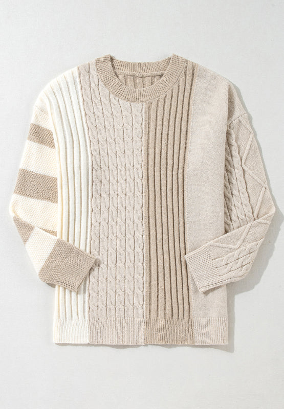 Cable-Knit Color Block Round Neck Sweater - Image 6