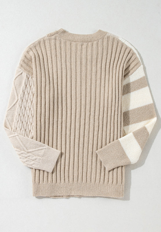 Cable-Knit Color Block Round Neck Sweater - Image 7