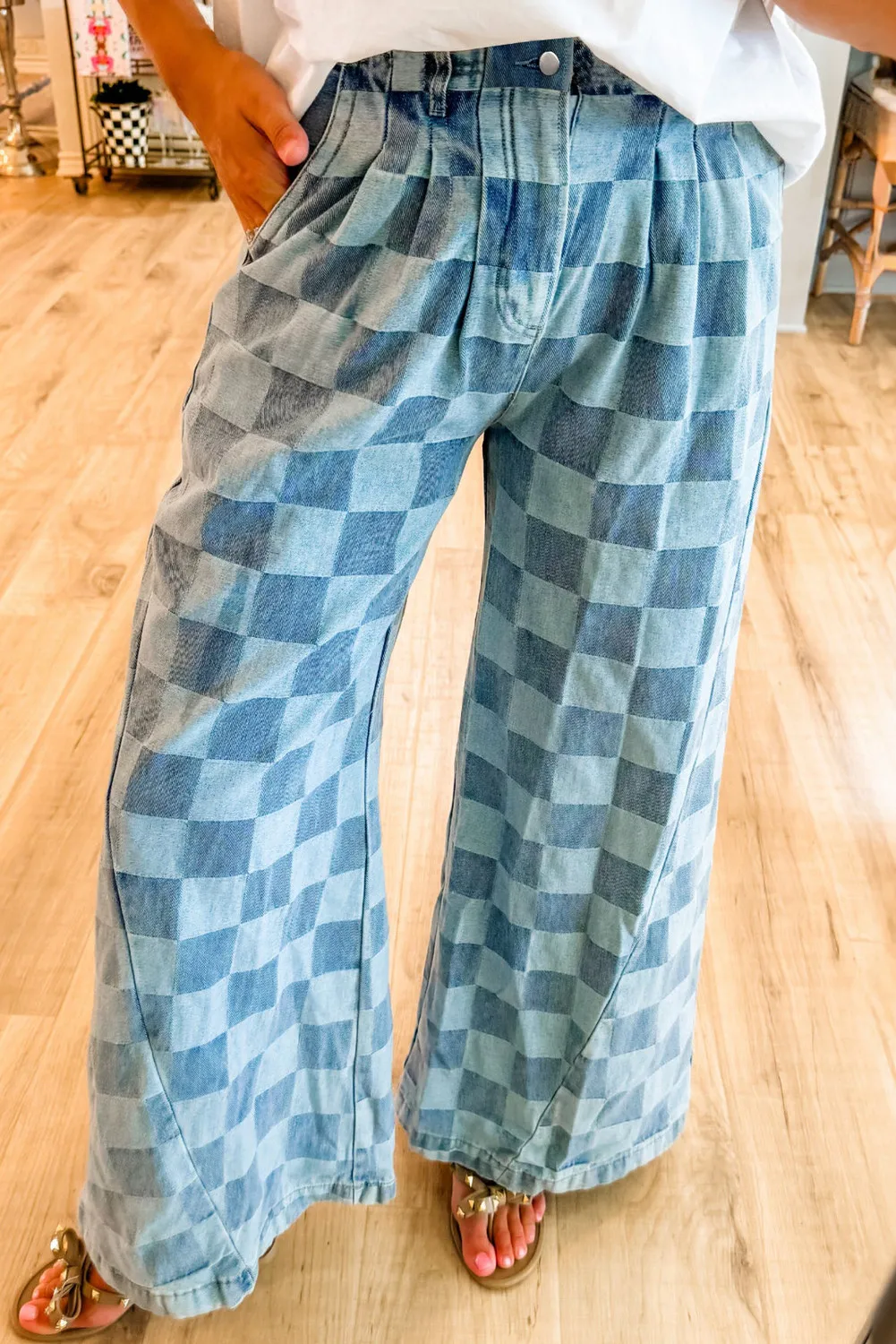 Checkered Wide Leg Jeans with Pockets - Image 5