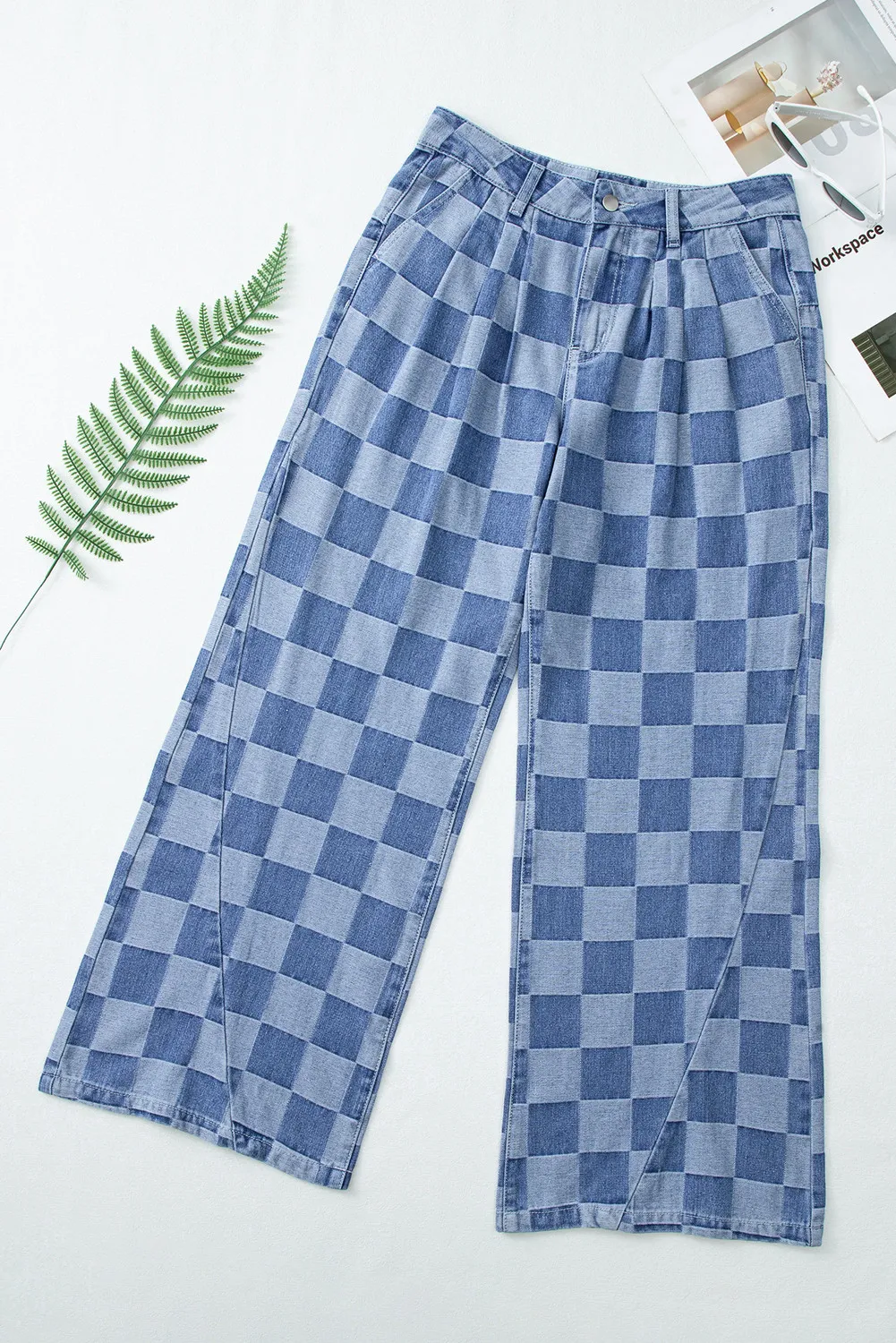 Checkered Wide Leg Jeans with Pockets - Image 6