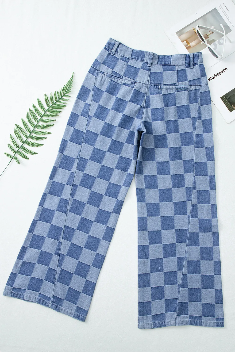 Checkered Wide Leg Jeans with Pockets - Image 7