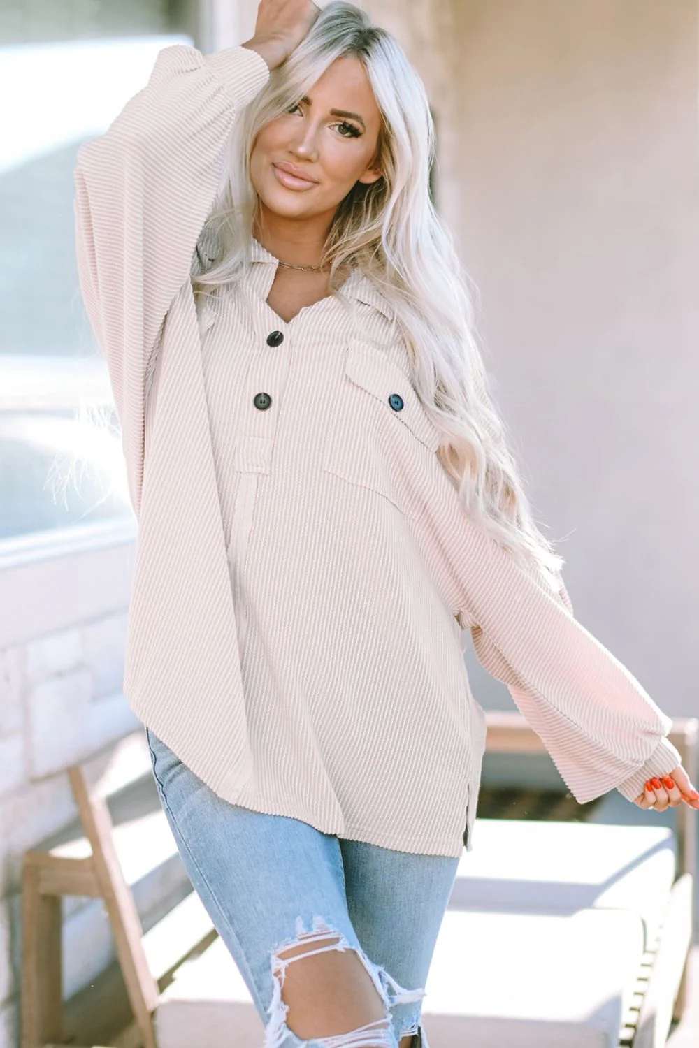 Collared Neck Half Button Long Sleeve Blouse - Image 4