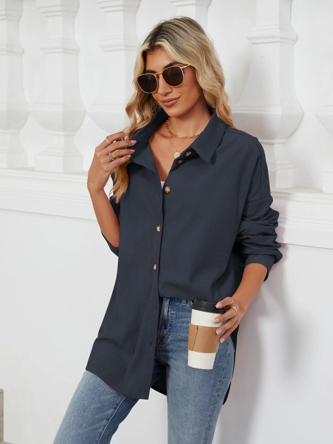 Collared Neck Long Sleeve Dropped Shoulder Shirt - Image 10