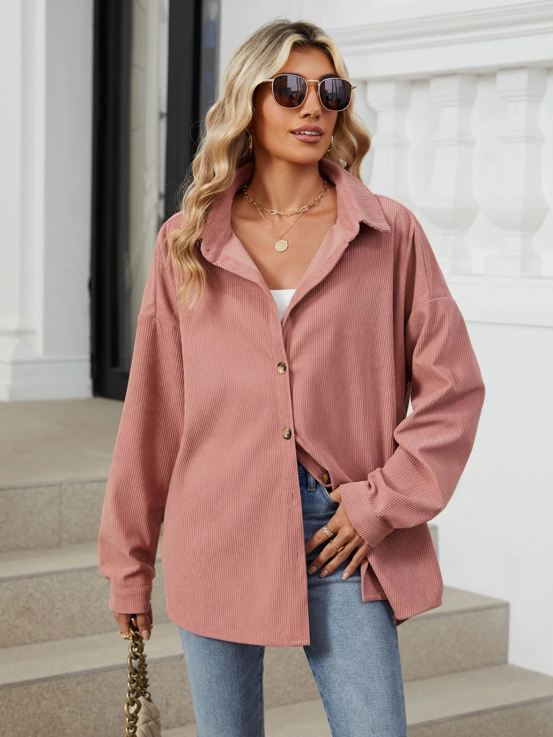 Collared Neck Long Sleeve Dropped Shoulder Shirt - Image 12