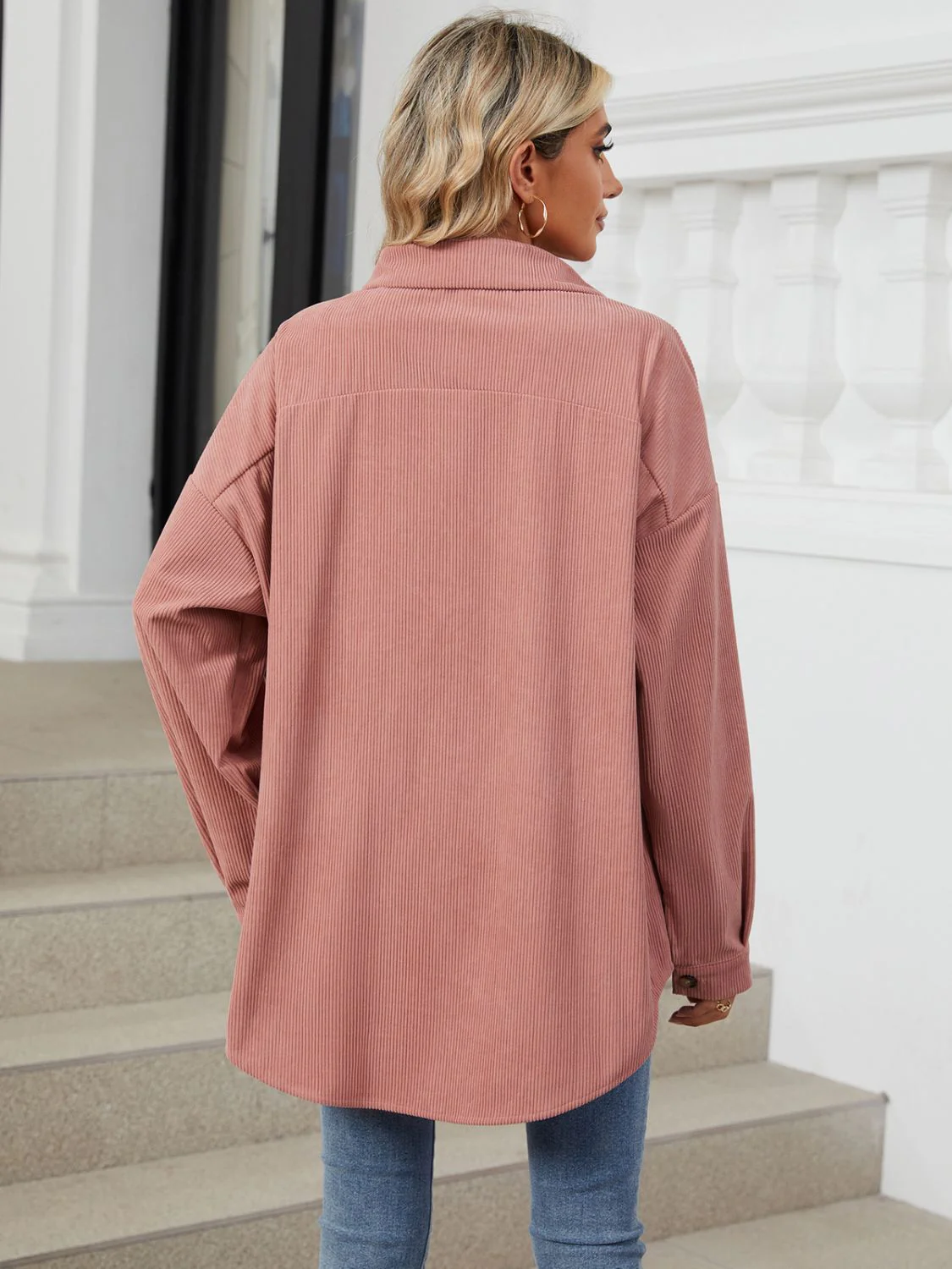 Collared Neck Long Sleeve Dropped Shoulder Shirt - Image 14