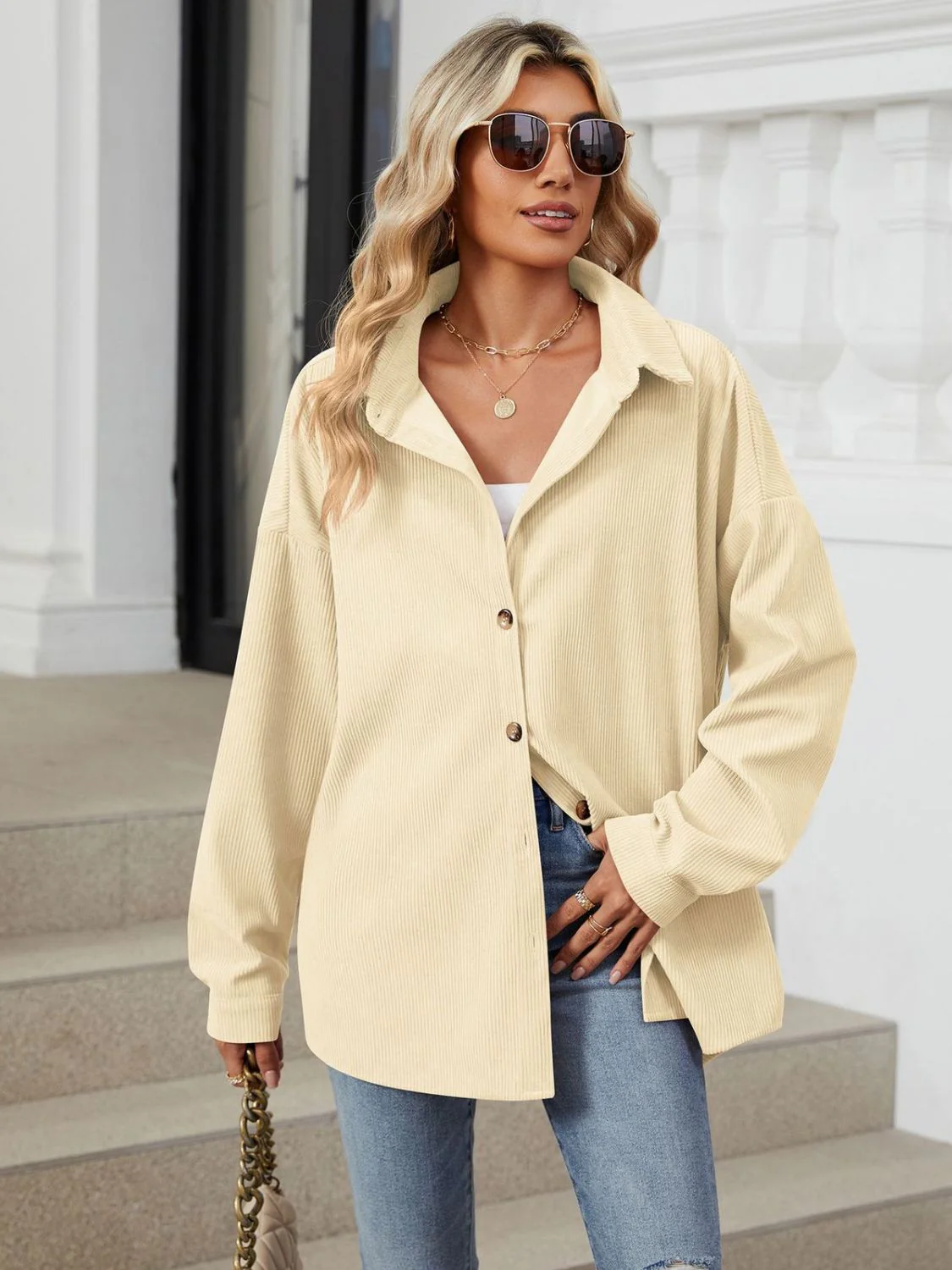 Collared Neck Long Sleeve Dropped Shoulder Shirt - Image 15