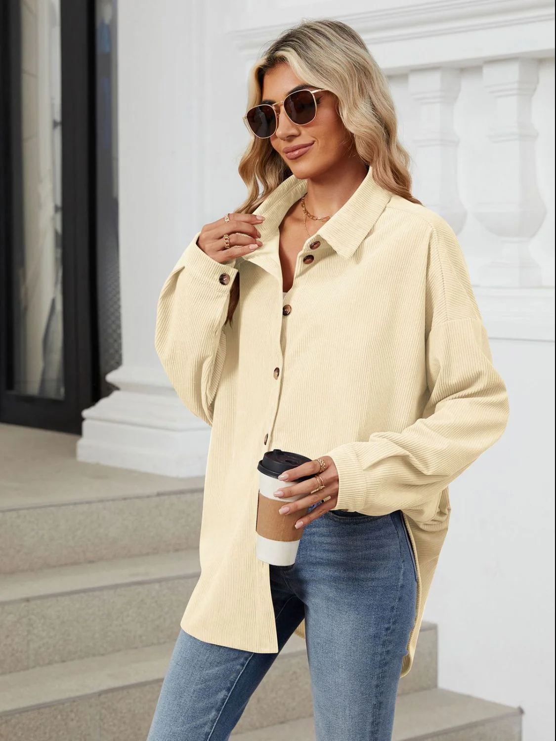 Collared Neck Long Sleeve Dropped Shoulder Shirt - Image 16