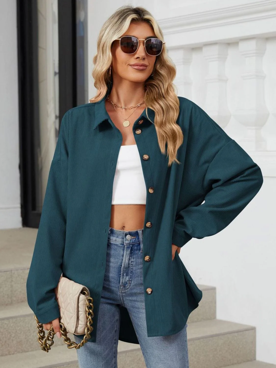 Collared Neck Long Sleeve Dropped Shoulder Shirt - Image 18