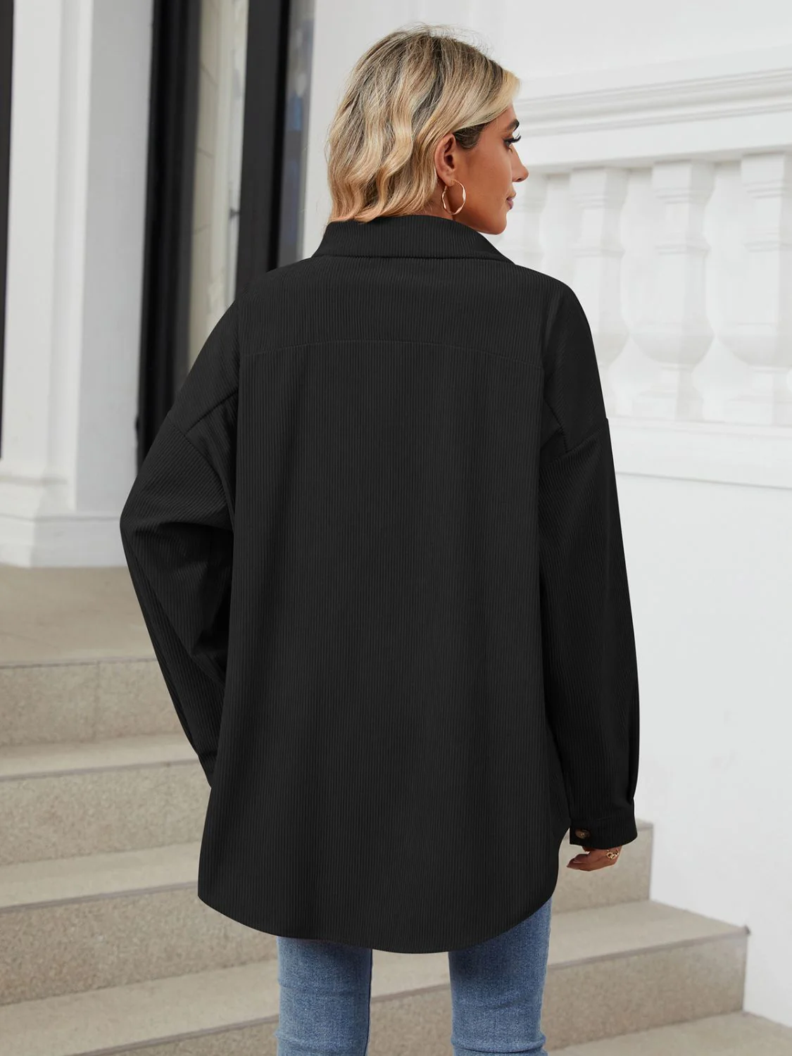 Collared Neck Long Sleeve Dropped Shoulder Shirt - Image 24