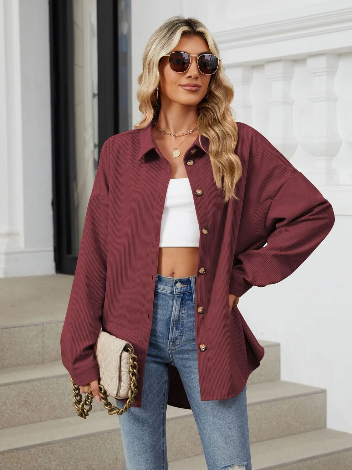 Collared Neck Long Sleeve Dropped Shoulder Shirt - Image 5