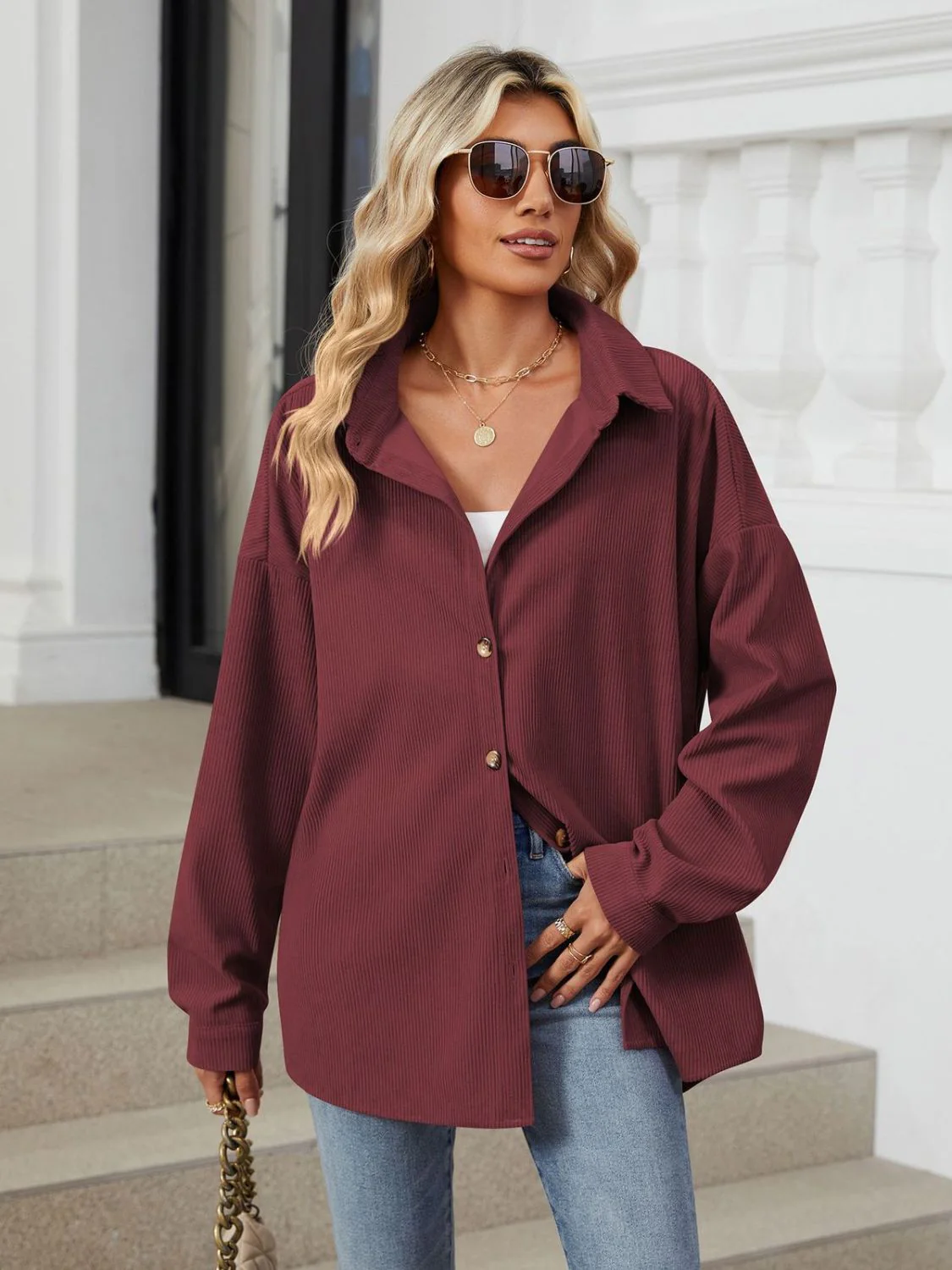Collared Neck Long Sleeve Dropped Shoulder Shirt - Image 6