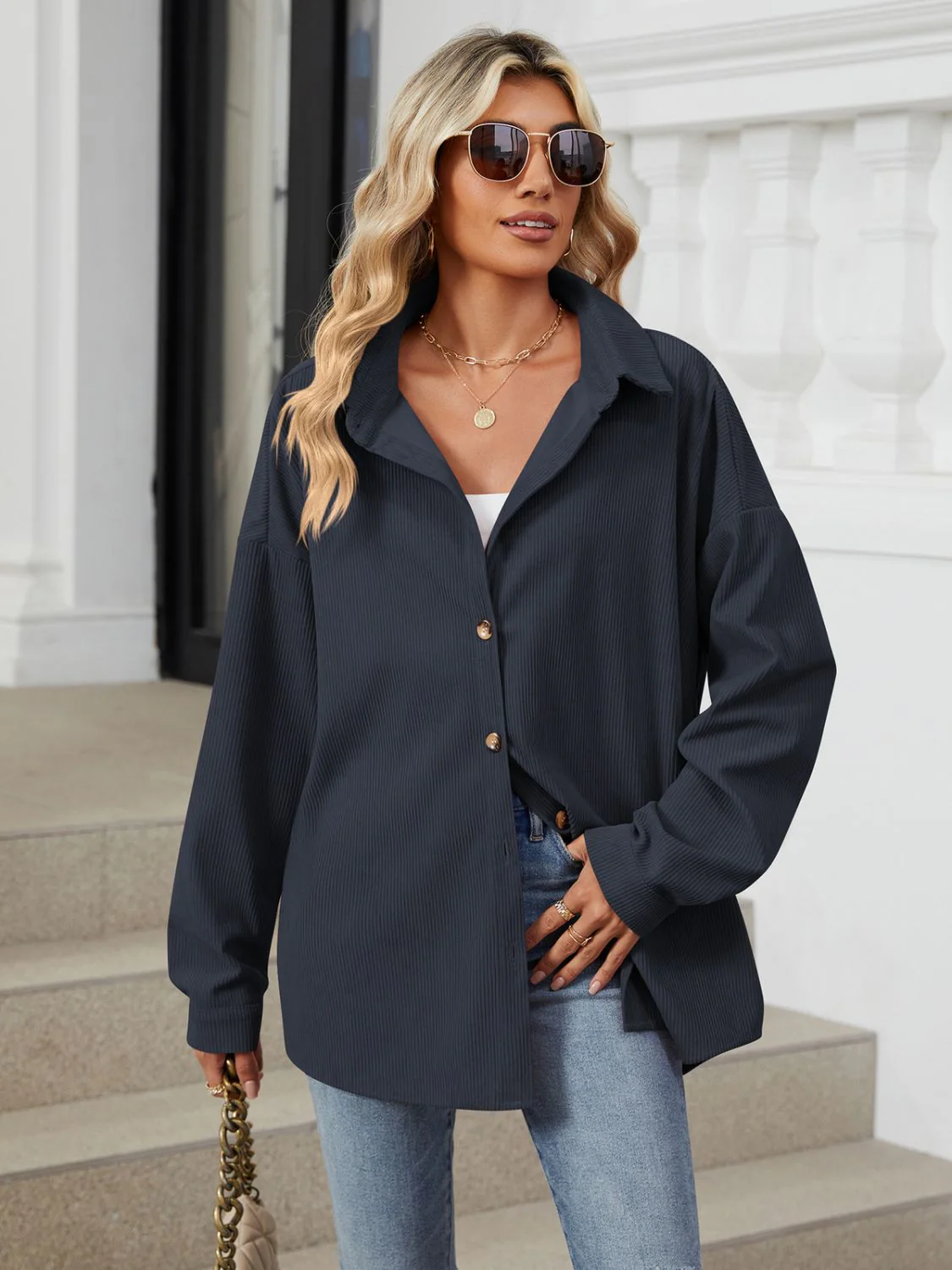 Collared Neck Long Sleeve Dropped Shoulder Shirt - Image 8