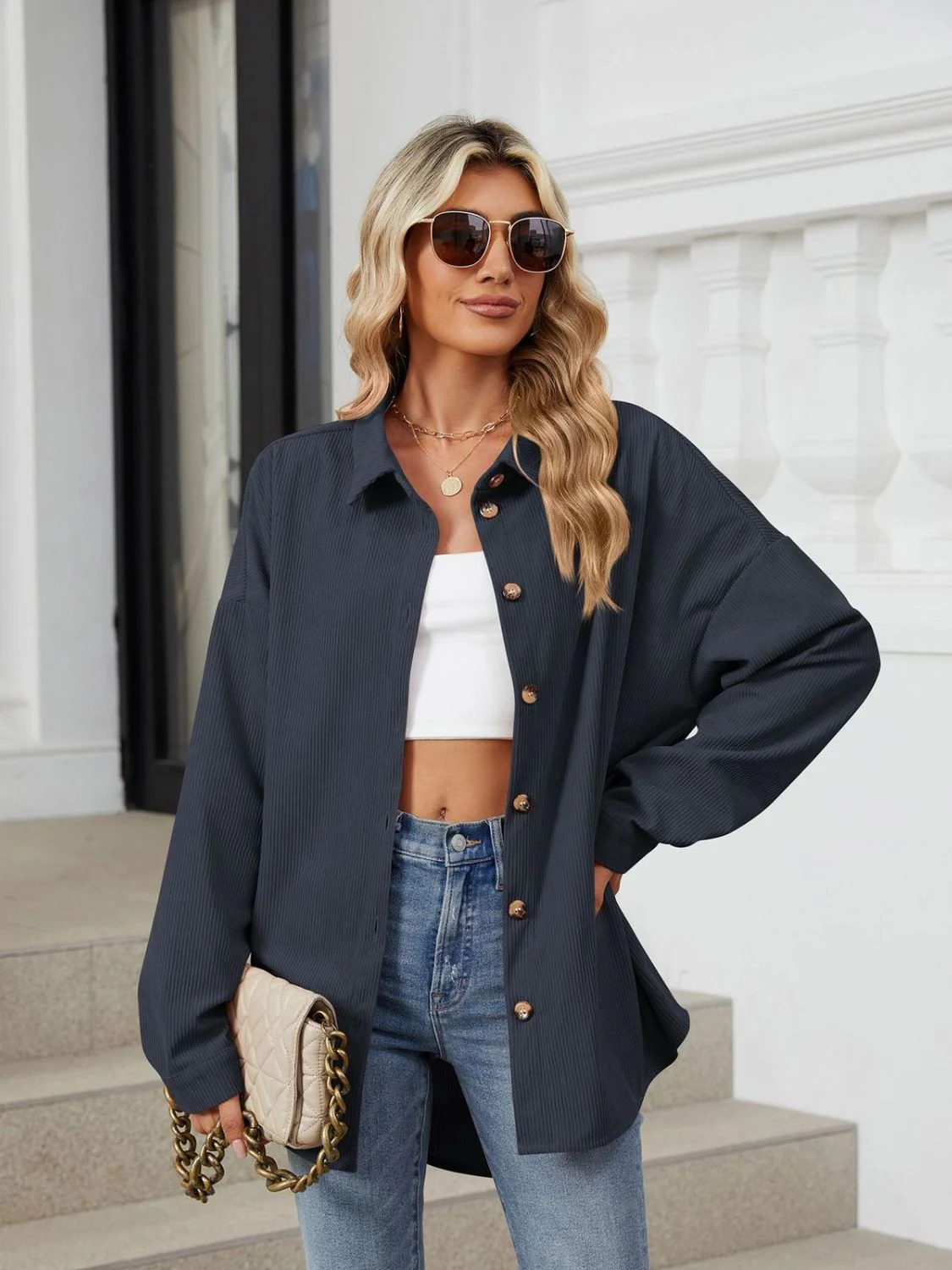 Collared Neck Long Sleeve Dropped Shoulder Shirt - Image 9