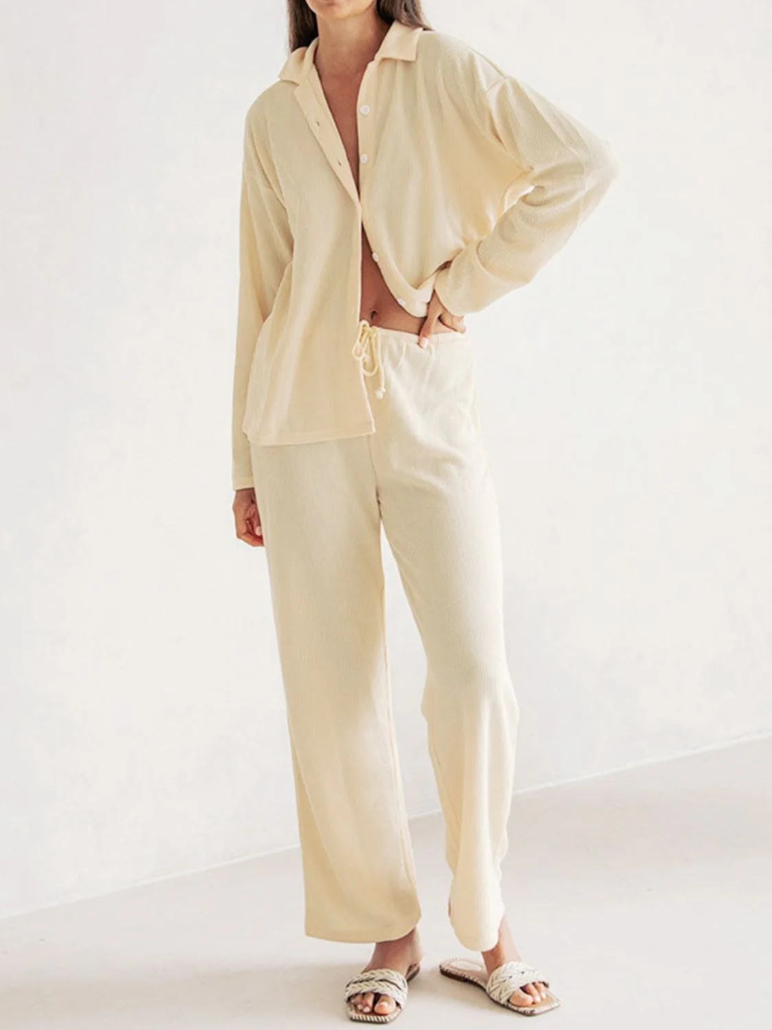Collared Neck Long Sleeve Top and Drawstring Pants Set - Image 9