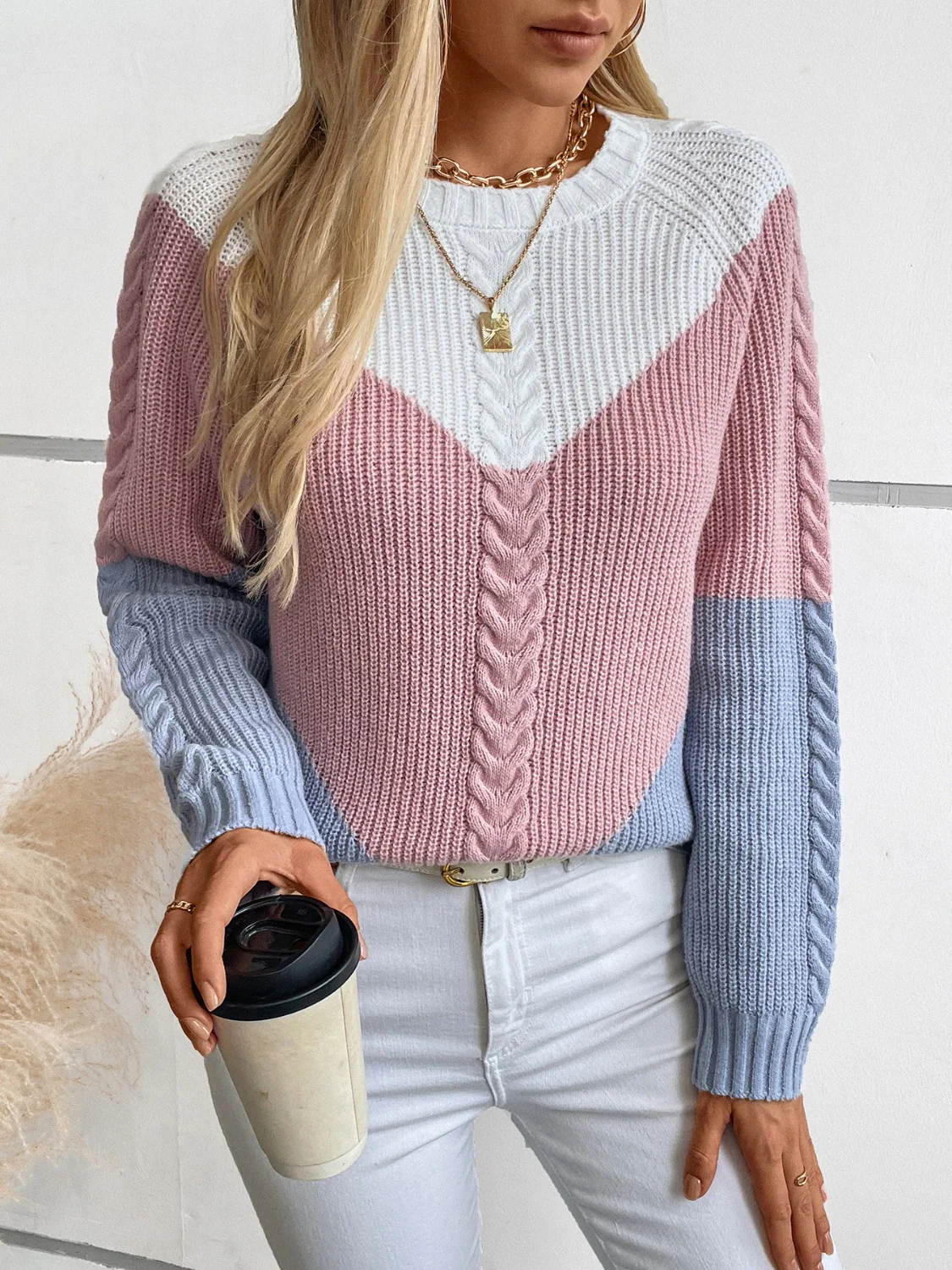 Color Block Round Neck Long Sleeve Sweater - Image 6