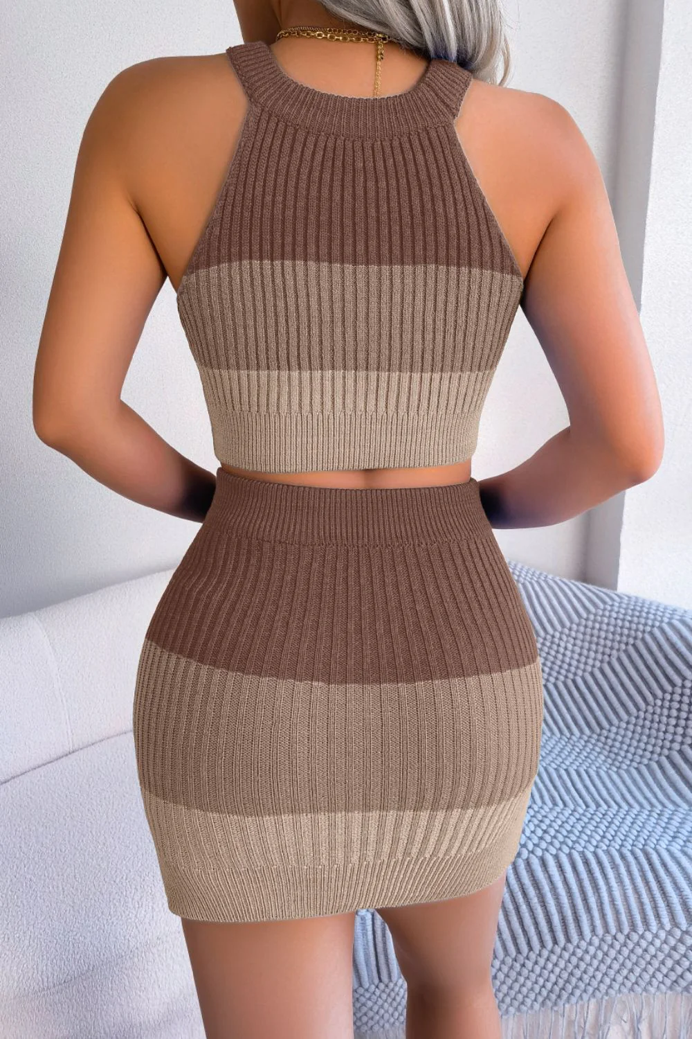 Color Block Sleeveless Crop Knit Top and Skirt Set - Image 9