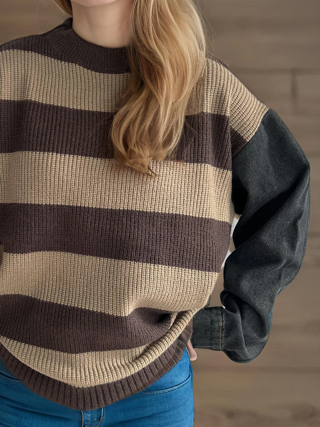 Contrast Round Neck Long Sleeve Sweater - Image 11