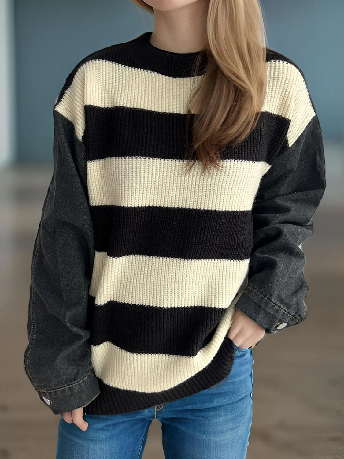 Contrast Round Neck Long Sleeve Sweater - Image 3