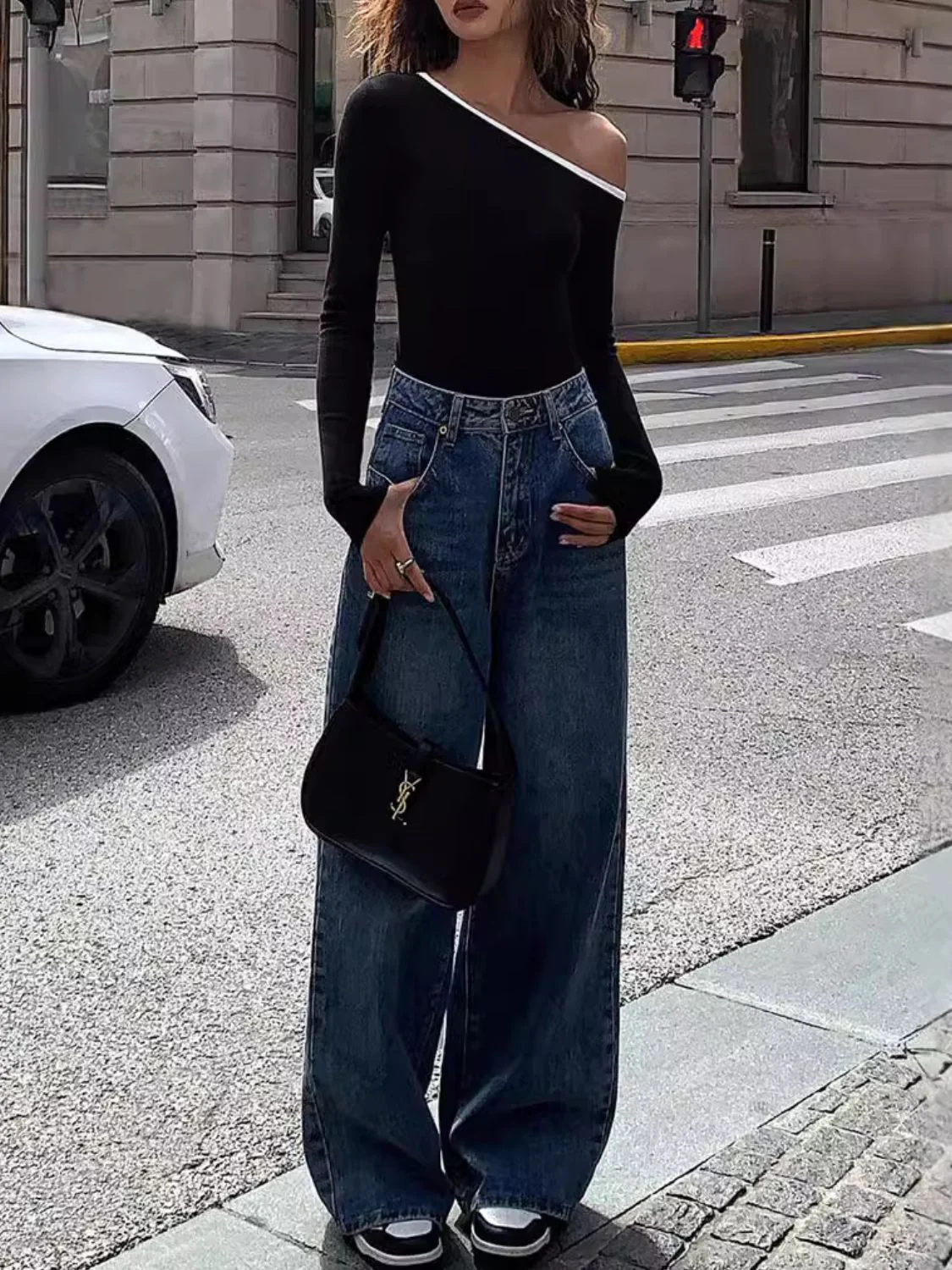 Contrast Trim One Shoulder Long Sleeve T-Shirt - Image 3